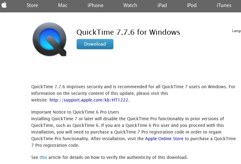 Download QuickTime 7 untuk Windows 7